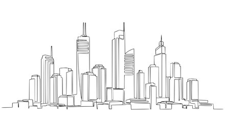 Fototapeta premium Continuous Line Drawing of a Modern City Skyline with Tall Skyscrapers