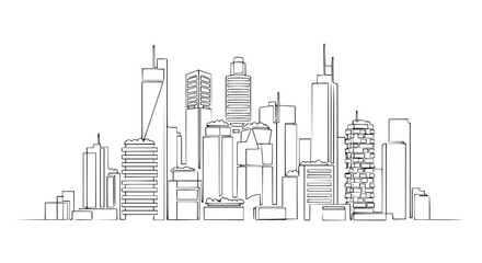 Obraz premium Modern City Skyline Drawing, Minimalist Line Art, Urban Landscape Illustration