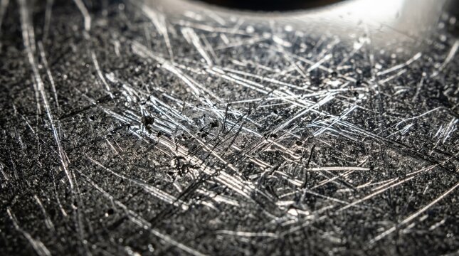 Medium shot of optical microscopy revealing intricate surface scratches and imperfections on a platter highlighting the texture and reflective details under bright illumination.