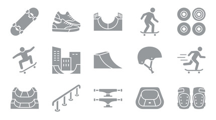 Collection of skateboard icons and symbols representing extreme sports and urban lifestyle elements. © yuanita