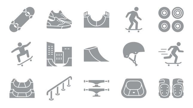 Collection of skateboard icons and symbols representing extreme sports and urban lifestyle elements.