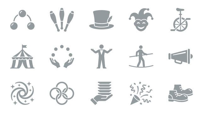 Collection of circus and entertainment icons representing various acts and symbols.