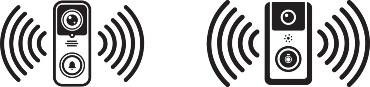 Smart home video doorbell icons set showing security camera with intercom system and wireless ringing signal notification.
