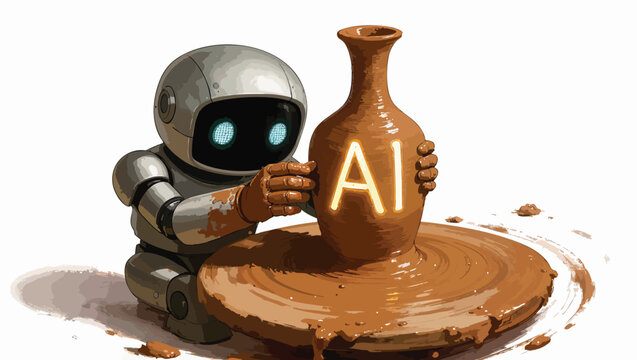 Ai robot crafting a clay pot on a pottery wheel with glowing ai symbol.