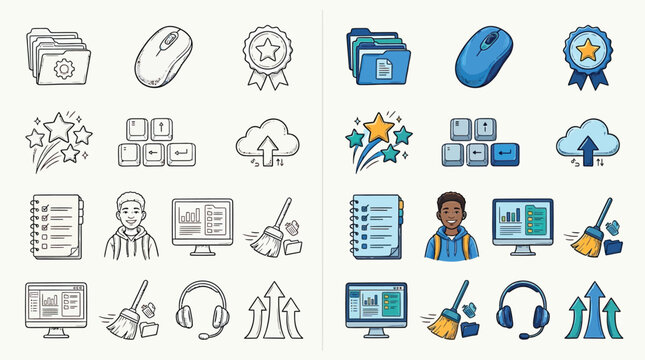 Collection of modern flat icons representing business, technology, and office work, including folders, computer mouse, awards, stars, cloud storage, and charts.