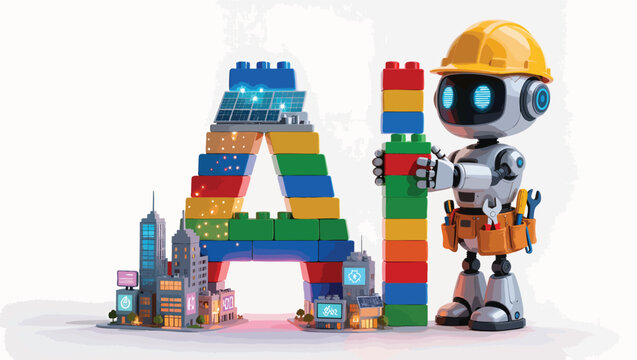 Robot builder constructing ai with colorful building blocks and miniature cityscape.
