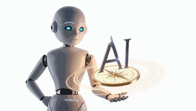 Robot holding a compass with ai symbol surrounded by glowing rings.