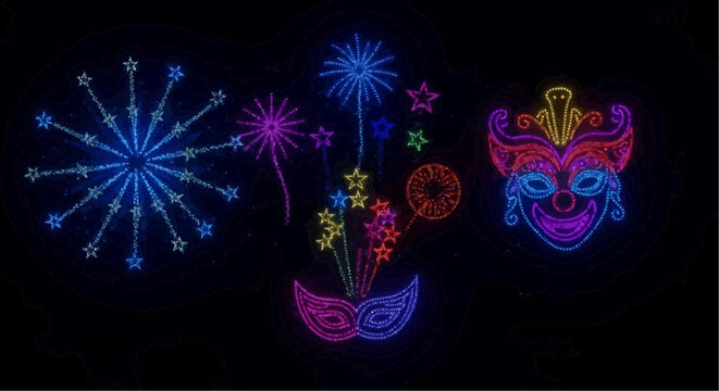 A vibrant vector graphic illustration of Mardi Gras masks and fireworks