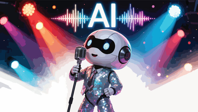 Sparkly robot sings into microphone on stage with colorful lights ai.