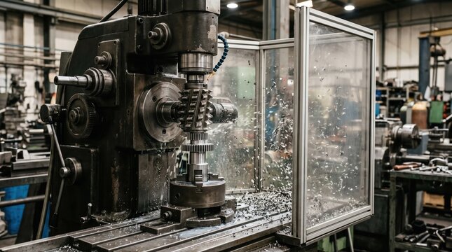 Medium shot of precision gear hobbing machine cutting small gears metal chips swirling safely contained within the industrial workshop.