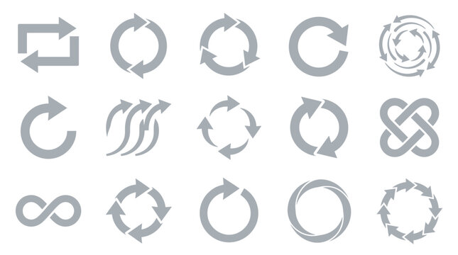 Collection of various circular and looping arrow symbols representing cycles, refresh, and repetition.