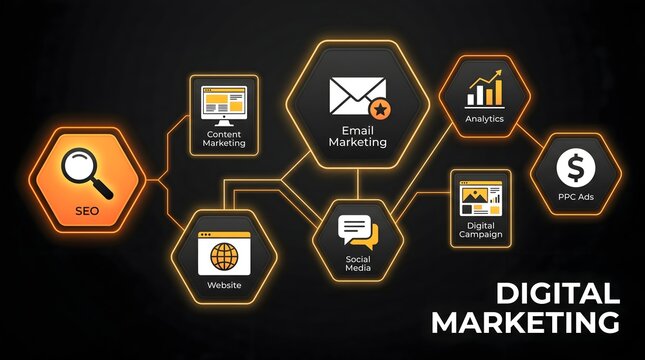 Digital marketing strategy flowchart concept with icons. SEO, content, email, social media and PPC campaign network on dark background.