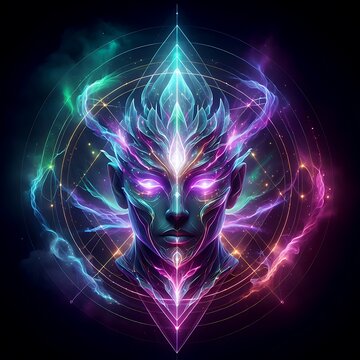 Cosmic Energy Being with Radiant Glowing Eyes and Sacred Geometry.