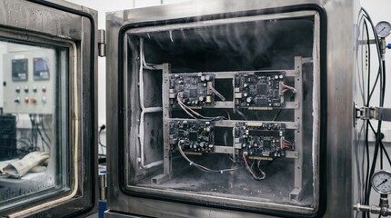 Obraz premium Medium shot of electronic devices undergoing thermal shock testing inside a specialized chamber with rapid temperature changes to ensure durability and performance.