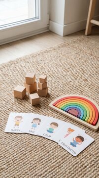 Wooden blocks, rainbow stacker, and emotion flashcards sit on a jute rug. This scene represents gentle parenting and emotional intelligence. Perfect for educational and family blogs.