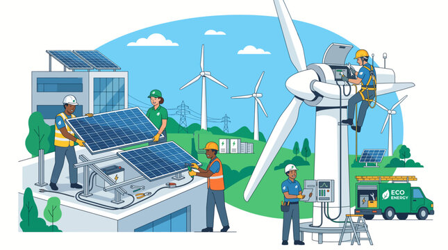 Workers install solar panels and maintain wind turbines, promoting sustainable energy solutions for a greener future
