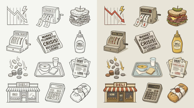 Collection of icons representing financial crisis, recession, and economic hardship with a focus on business and personal finance.