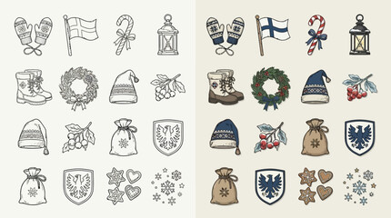 Obraz premium Collection of Finnish Christmas and winter holiday icons in both line art and colored versions.