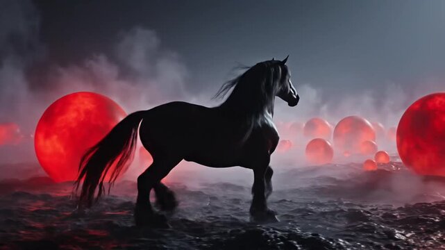 Black horse running in mysterious foggy landscape with glowing red orbs