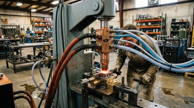 Medium shot highlighting watercooled resistance brazing machinery with cables and cooling lines ensuring consistent thermal management during fabrication.