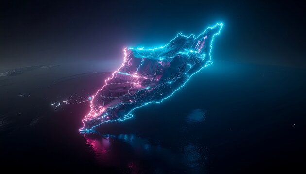 Neon glowing digital Aruba map network