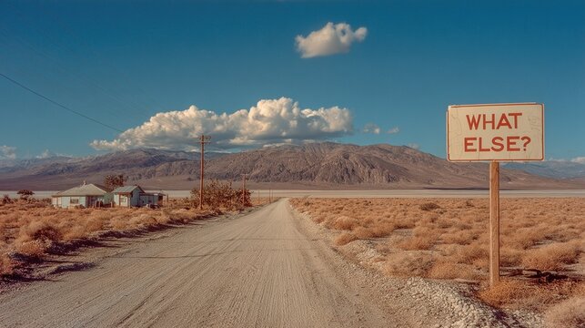 Gravely road leads to a large sign in the desert