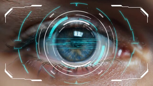 Futuristic Biometric Eye Scanner Interface with HUD Graphics and Digital Iris Recognition Technology