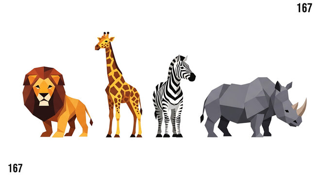 Set of wild african animals, lion, giraffe, zebra and rhinoceros in low poly geometric style