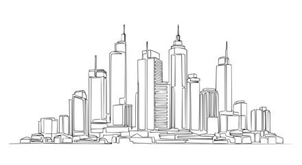 Fototapeta premium Continuous Line Drawing of a Modern City Skyline with Tall Skyscrapers, Urban Landscape