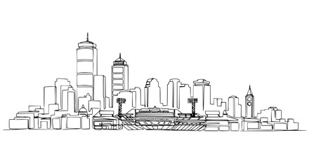 Obraz premium Minimalist Cityscape Line Drawing: Modern Skyline with Stadium and Clock Tower