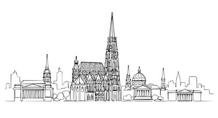 Fototapeta premium Hand-drawn Cityscape Skyline Silhouette with Historic Buildings and Spires