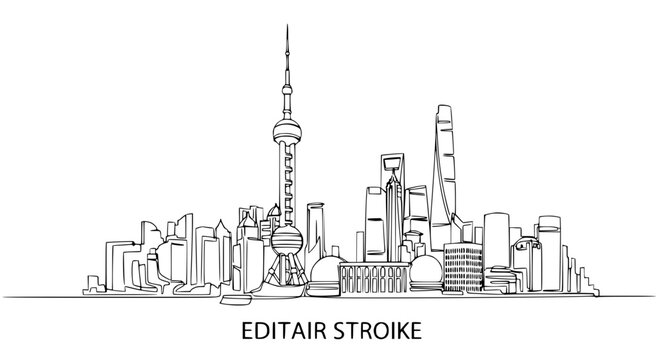 Modern City Skyline Outline Drawing - Shanghai Pudong Landmark Buildings