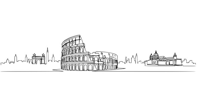 Rome skyline illustration with Colosseum, Arch of Constantine and St. Peter's Basilica outline