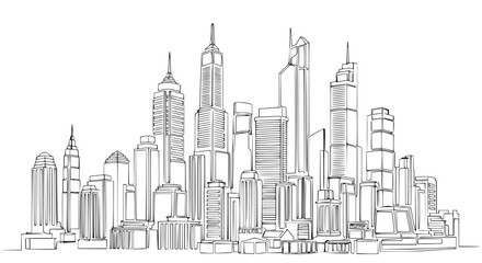 Fototapeta premium Modern City Skyline Continuous Line Drawing - Urban Landscape Sketch