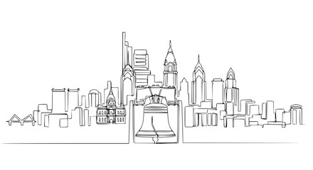 Fototapeta premium Philadelphia Skyline Continuous Line Drawing: Liberty Bell, City Hall, Skyscrapers