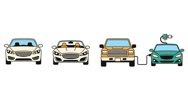 Set of different types of cars including sedan, convertible, pickup truck and electric vehicle