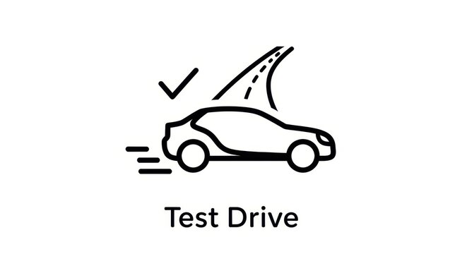 Test Drive Icon Depicting a Car on the Road with Check Mark.