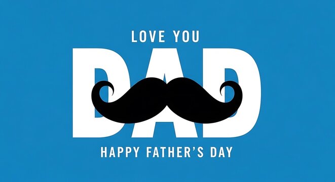 Bright blue background with 'love you dad' and 'happy father's day' text surrounding a large black mustache graphic.