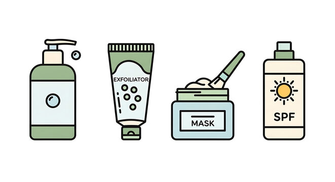 Set of skincare products icons including cleanser, exfoliator, face mask, and sunscreen