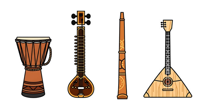 Illustration of four musical instruments a djembe drum, a sitar, a clarinet, and a balalaika, a