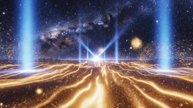 Cosmic landscape with glowing terrain and starry sky symbolizing dynamic movement and artistic expression