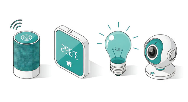 Smart home devices set including voice assistant speaker, thermostat, light bulb and security camera