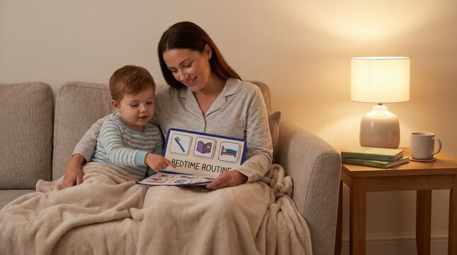 Mother and child looking at bedtime routine board. Gentle parenting approach focuses on emotional connection and structure. Suitable for family wellness and child development content.