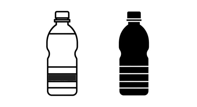 Minimal black silhouette icon, simple flat vector, bold black shape, no, no shading set of plastic water bottle icons, outline and silhouette style on a, flat icon style