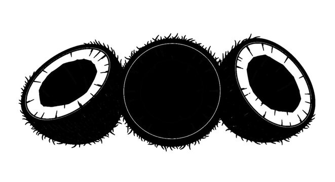 Minimal black silhouette icon, simple flat vector, bold black shape, no, no shading three halves of a coconut on a, flat icon style