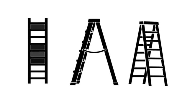 Minimal black silhouette icon, simple flat vector, bold black shape, no, no shading set of different types of ladders on a, flat icon style
