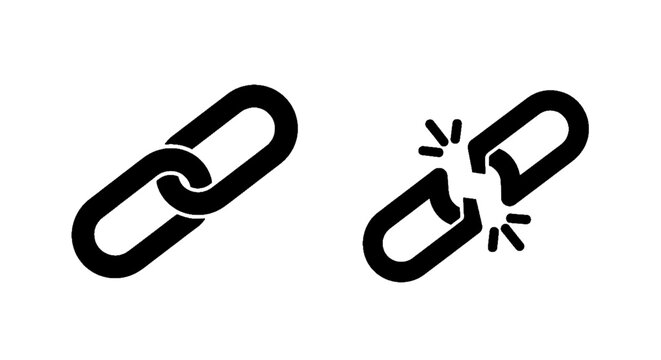 Minimal black silhouette icon, simple flat vector, bold black shape, no, no shading chain link icon set, connected and broken link symbols on a, flat icon style