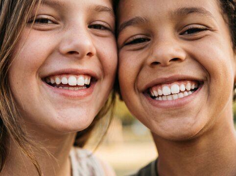 Duas crian&ccedil;as sorrindo juntas