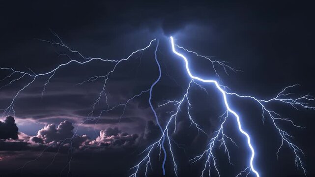 Lightning striking through storm clouds ideal for software, IT, and cybersecurity commercial use