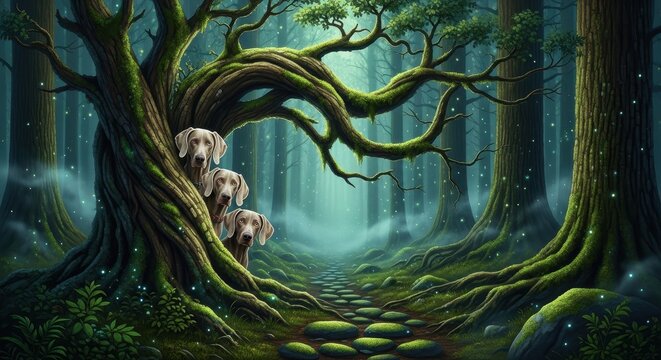 Three dogs peeking out from behind a large tree in a forest.